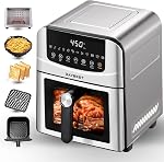 Stainless Steel Air Fryer Ceramic 12 in 1, Dual-Blazes in Steel Housing, 6QT 2-3 Servings Visible 8.27" Basket with Teflon-Free Premium Coating, 1700W, DAYBEST Dishwasher Safe Kits (Silver)