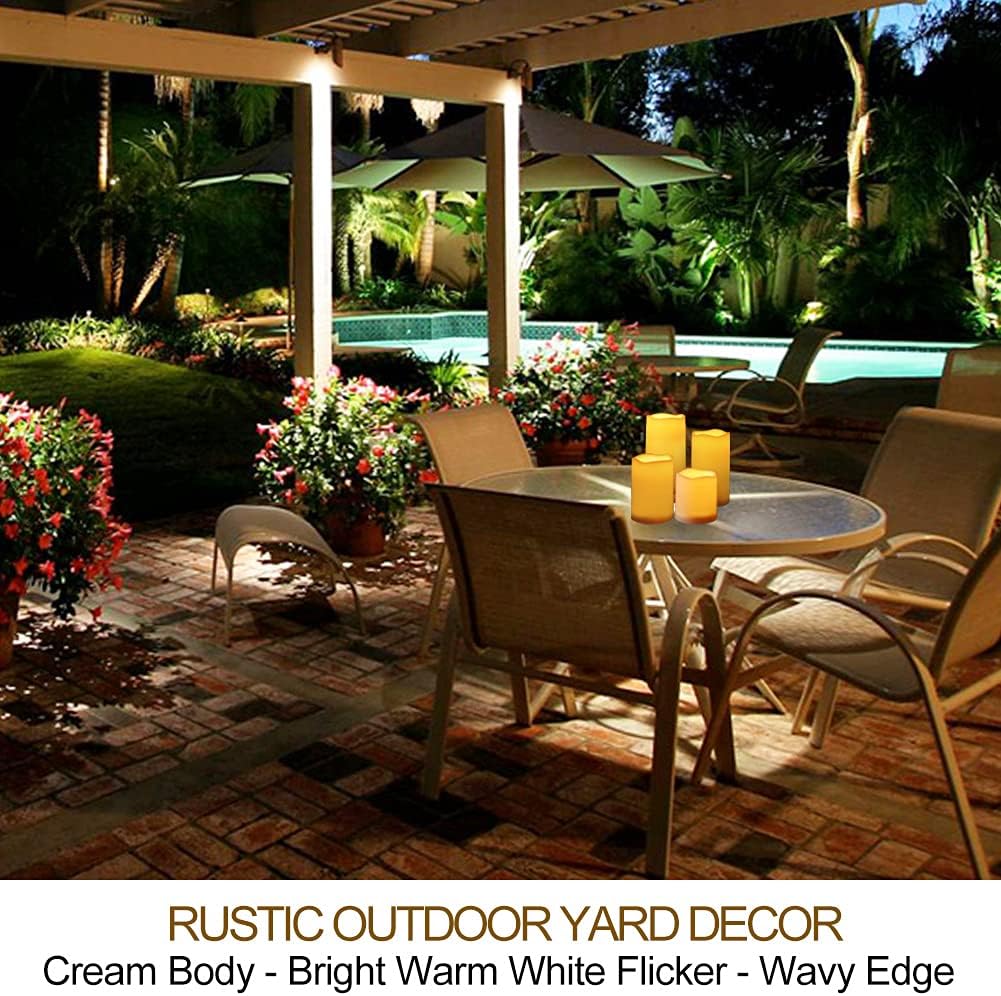 Set of 4 LED Pillar Candles Outdoor IP65 Waterproof 3x4 3x5 3x6 3x7 Cream Color - Pillar Candles Battery Powered with Timer and Remote - Battery Operated Unscented Outdoor Flameless Candles