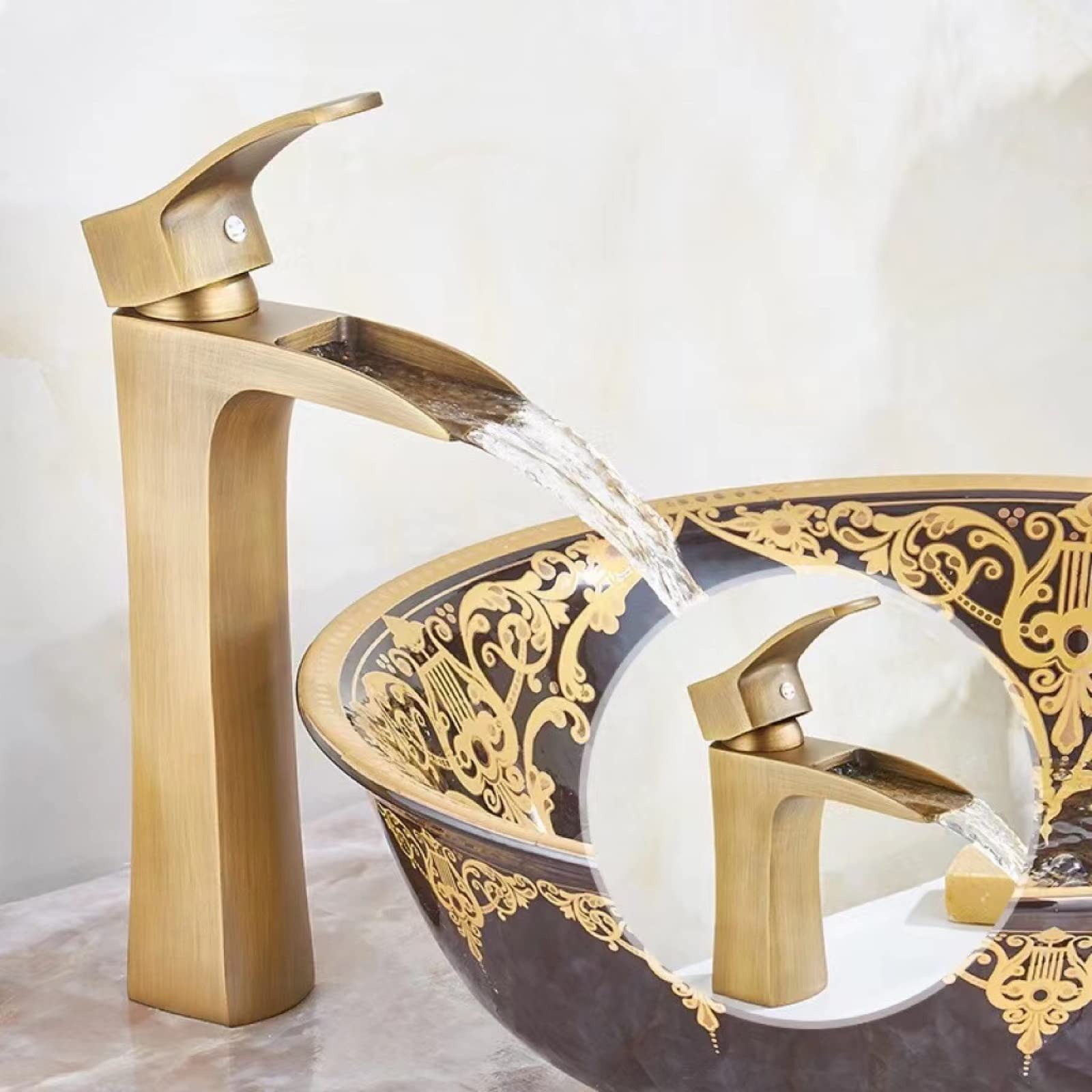 Rubinetto a Cascata per lavabo da Bagno, Stile Antico, in Ottone Massiccio, Miscelatore per Acqua Calda e Fredda, monocomando Corto (Dimensioni: Alto)