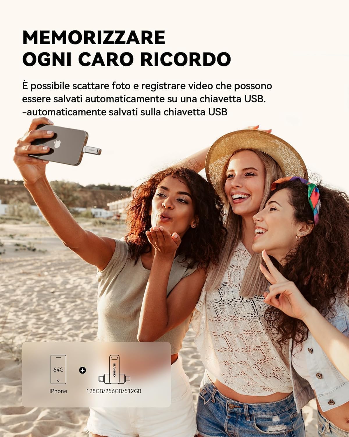 MFi Certificazione 128GB Chiavetta USB per iPhone, MFi Certified, Chiavetta USB 3-in-1 Lightning e Type-C con adattatore USB 3.0 Memoria esterna per iPhone, telefono, Android, PC/Pad