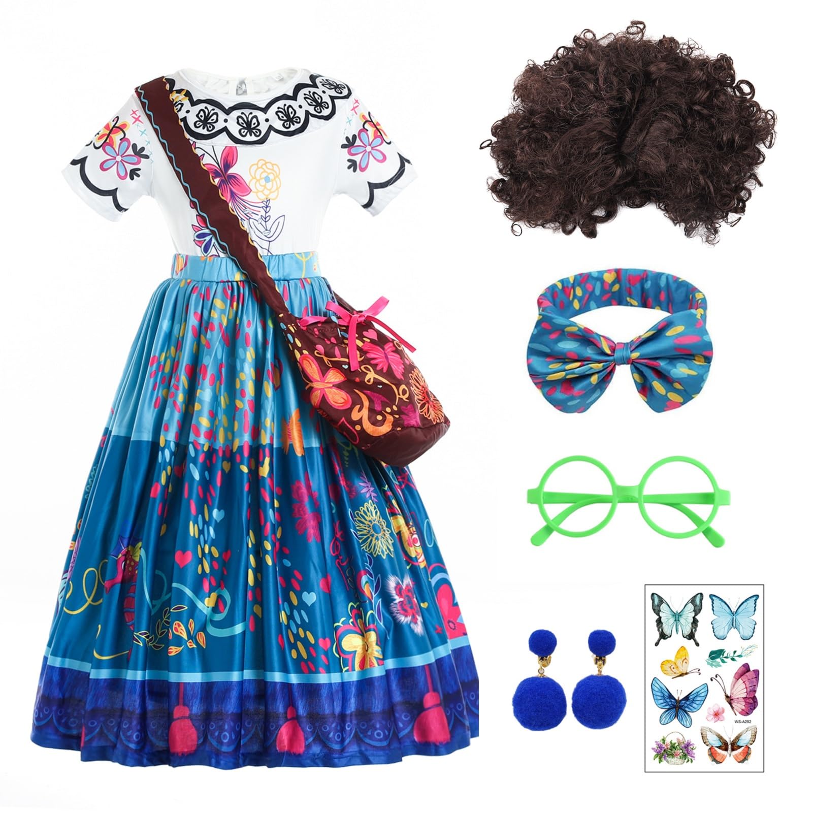 Mirabel Cosplay Dress Costume Set for Kids Girls Dress up With Bag Glasses Earrings, Princess Costume Cosplay Set for World Book Day Halloween Birthday Party