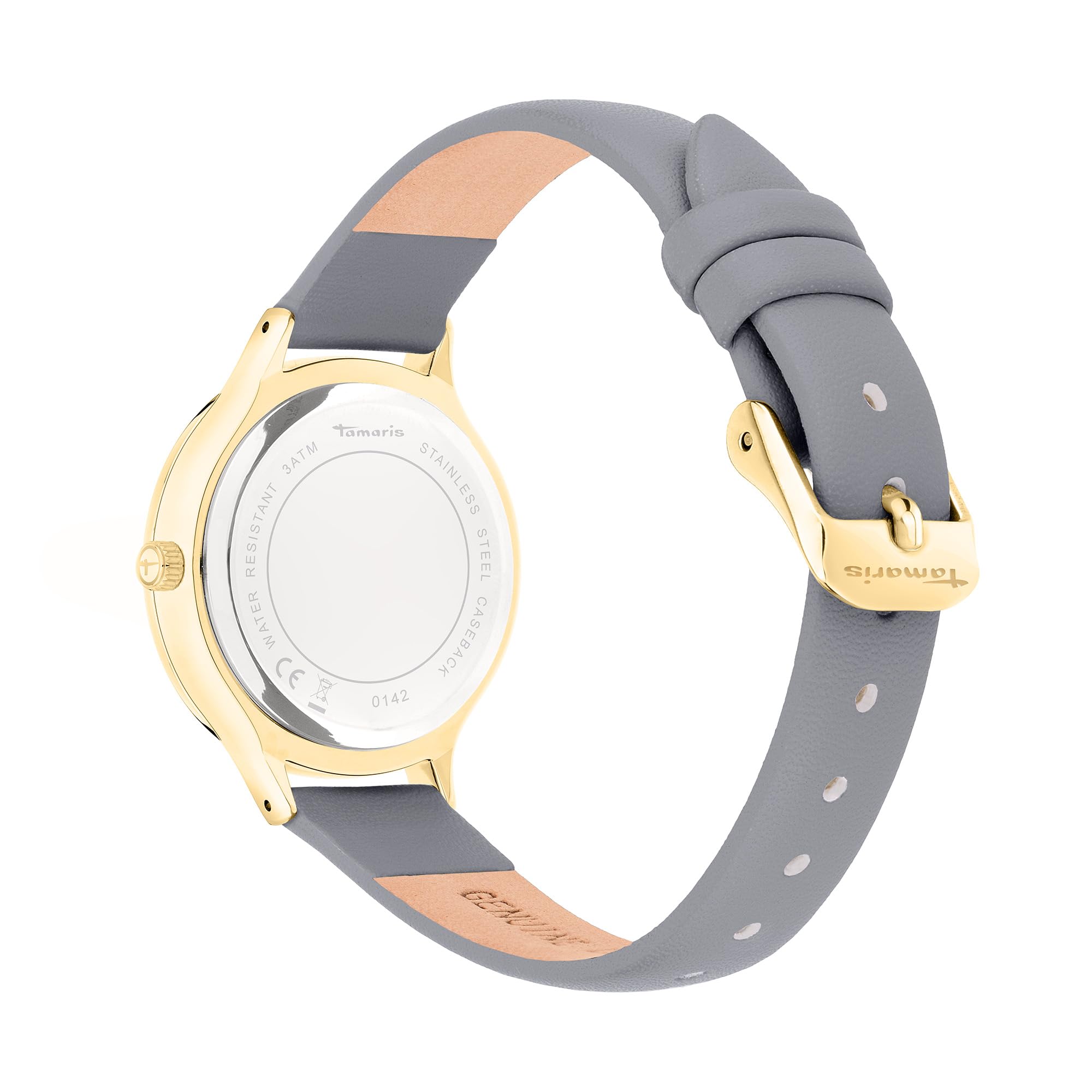 Tamaris Zegarek na rękę damski Basic kwarcowy analogowy 34 mm, ze skórzanym paskiem, cyferblat, 3 ATM wodoszczelny - złoty kwiatowy i ciemnoszary