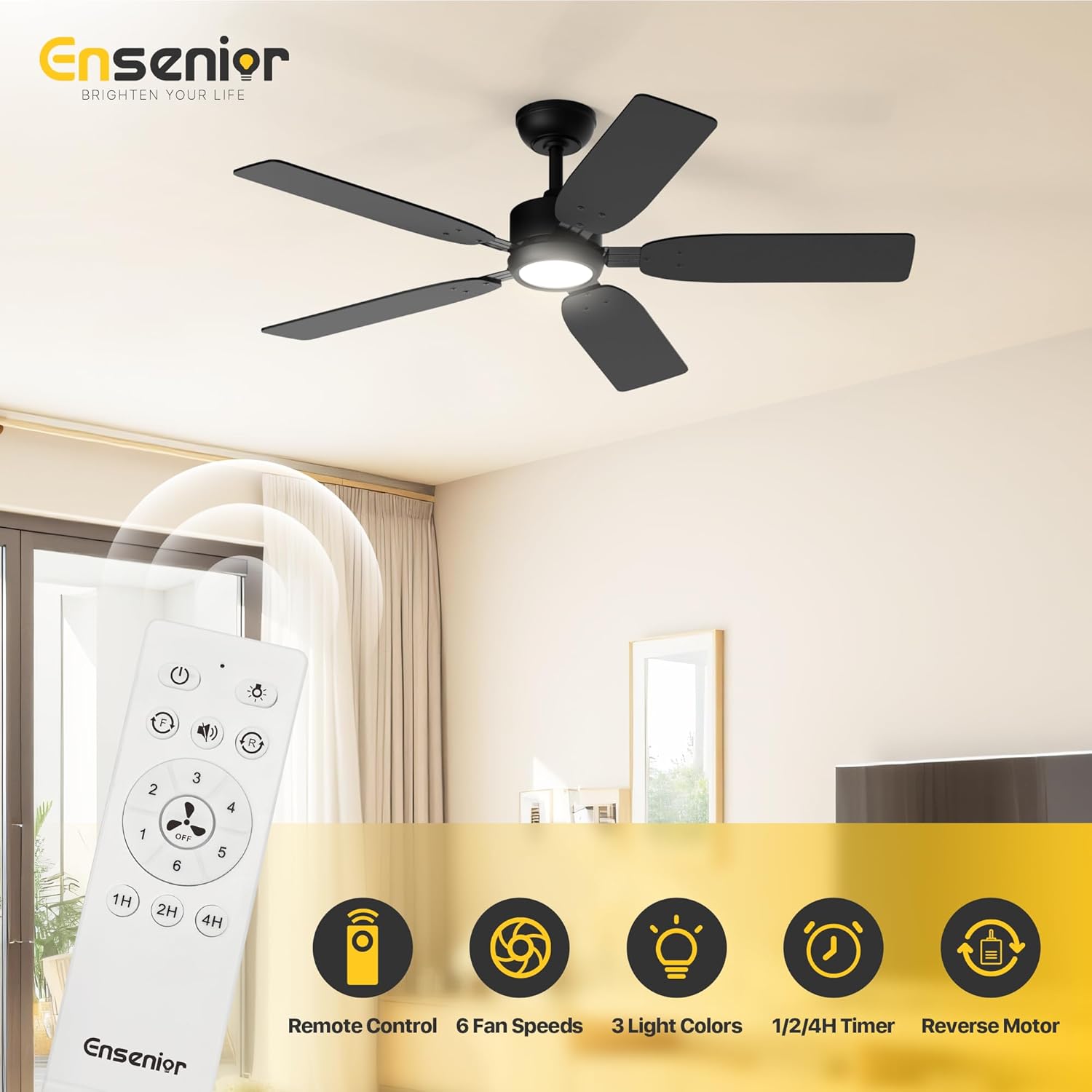Remote control for the Ensenior ceiling fan, showing buttons for power, fan speed (1-6), light on/off, color temperature, timer (1H, 2H, 4H), and reversible motor function.