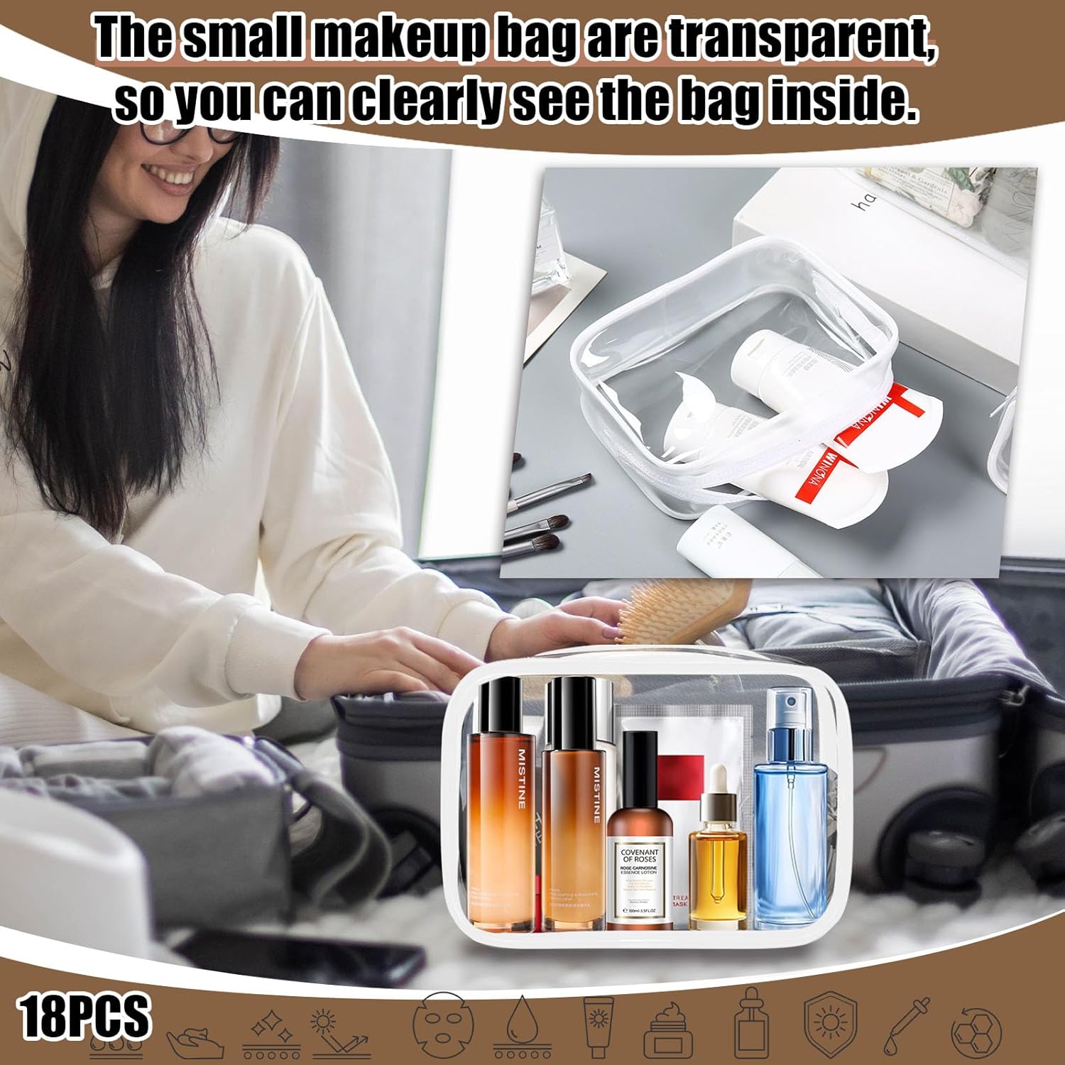 18 Pieces Clear Cosmetics Bag, TSA Approved Toiletry Bag for Travel, Clear PVC Zippered Makeup Pouch, Waterproof Vinyl Plastic Organizer Case for Vacation Bathroom (White Small) - Image 4