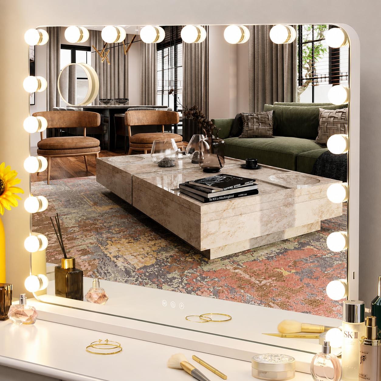 MAMIZO Hollywood Spiegel 80x60 cm,Schminkspiegel mit Beleuchtung, 20 LED | 3 Lichtfarben, Enstellbare Helligkeit, mit USB und 10xLupe, spiegel mit Licht, Wandspiegel, Tischspiegel