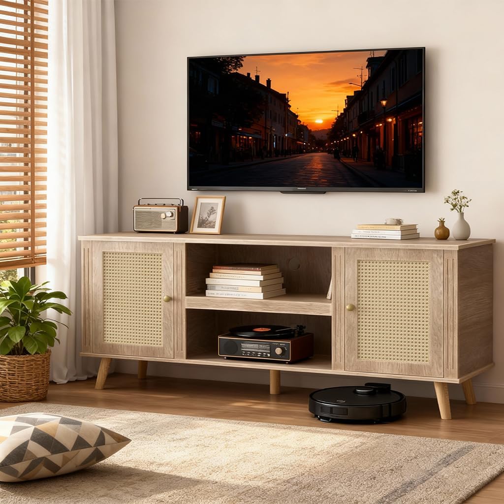 LUCKLIFE Rattan TV Stand for 70 Inch Television with Charging Station,70" Mid Century Modern Entertainment Center, Boho Media Console with Storage Cabinet Open Shelves for Living Room,Natural