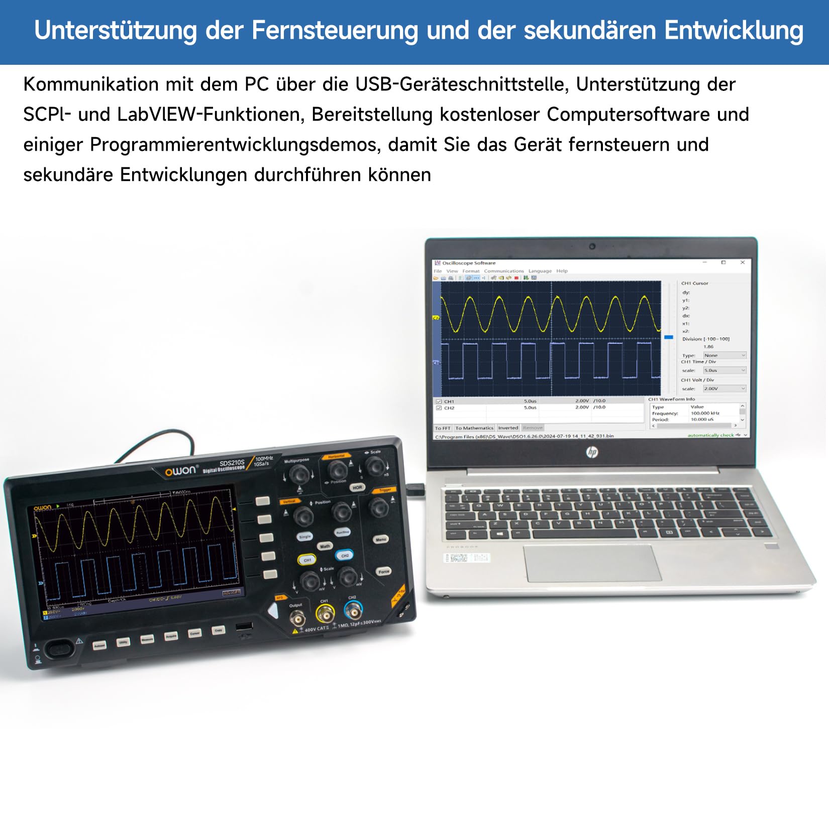 OWON Digitales Oszilloskop mit Zweikanalkanälen und 7-Zoll-Bildschirm, TFT-LCD-Display, tragbares Oszilloskop mit 1GS/s Abtastrate, Bandbreite 100 MHz, 8K Wellenformlänge, SDS210S
