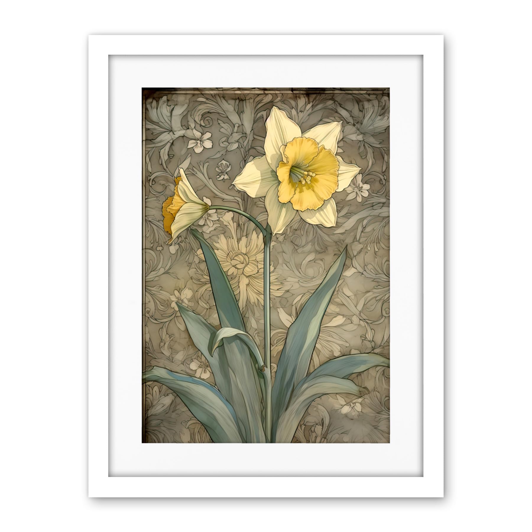 Artery8 Daffodil Flower Pastel Watercolour Art Nouveau Artwork Framed Wall Art Print 18X24 Inch