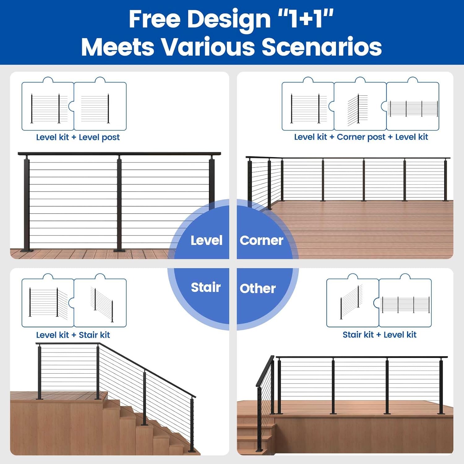 Muzata 5-10FT Modular Black Cable Railing Kit 42 Inch 2 Stair Post Kit Complete Set Cable Railing System for Stairs Length Adjustable Easy DIY with Paper User Guide (No Handrail) RWS1 BA4L