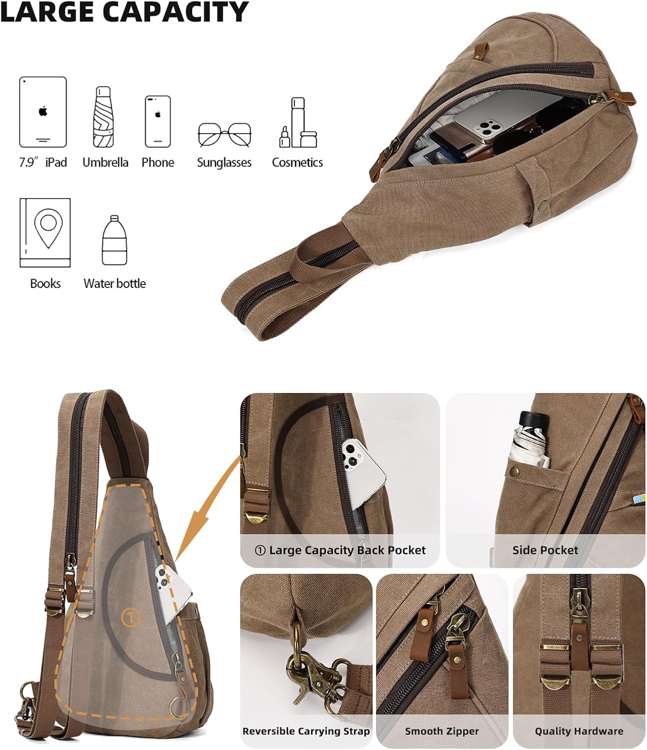 KL928 Canvas Sling Bag - Small Crossbody Backpack Shoulder Casual Daypack Rucksack for Men Women(Large Version,Brown) - Image 4