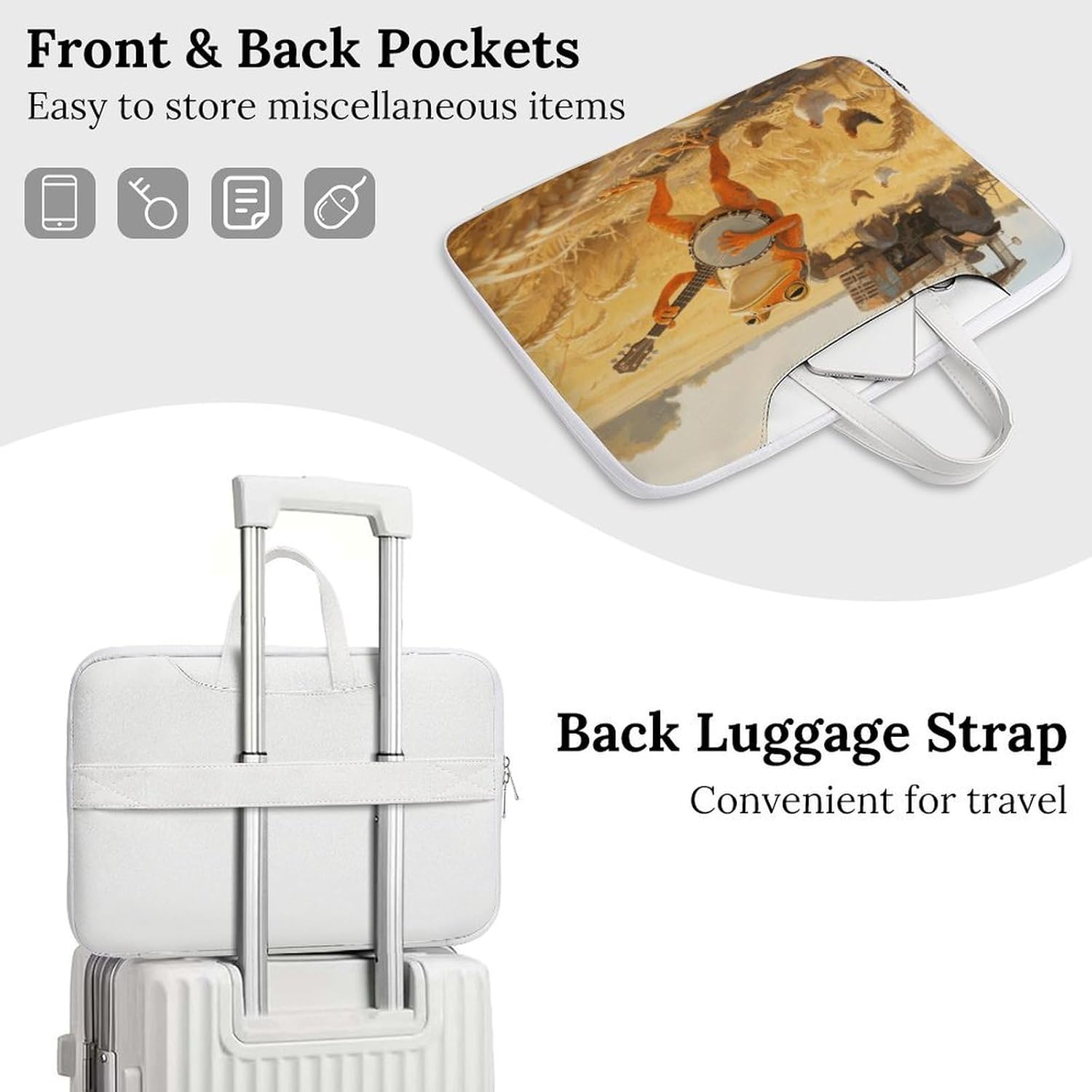 Orange Frog Playing Banjo 42x30.5cm White-style Laptop Bag Leather Tablet Computer Briefcase Large Capacity Work Business Tote Bags for Office