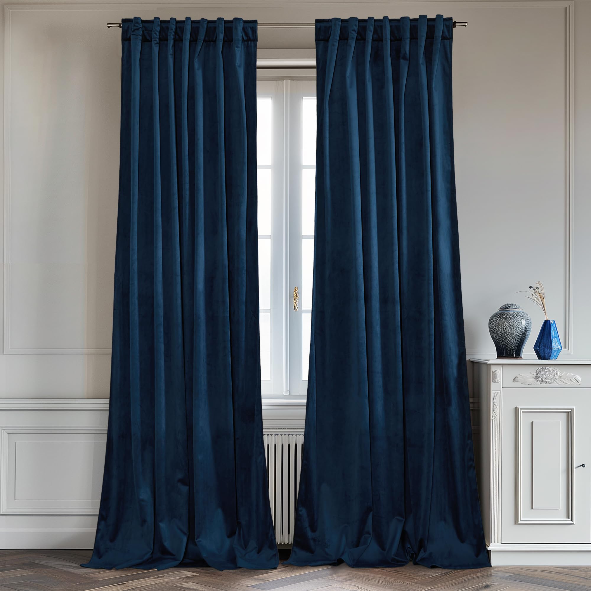 StangH Wide Navy Blue Velvet Curtains Luxury Back Tab Blackout Bedroom Drapes Heat Blocking Privacy Doorway Room Dividers for Living Room/Sliding