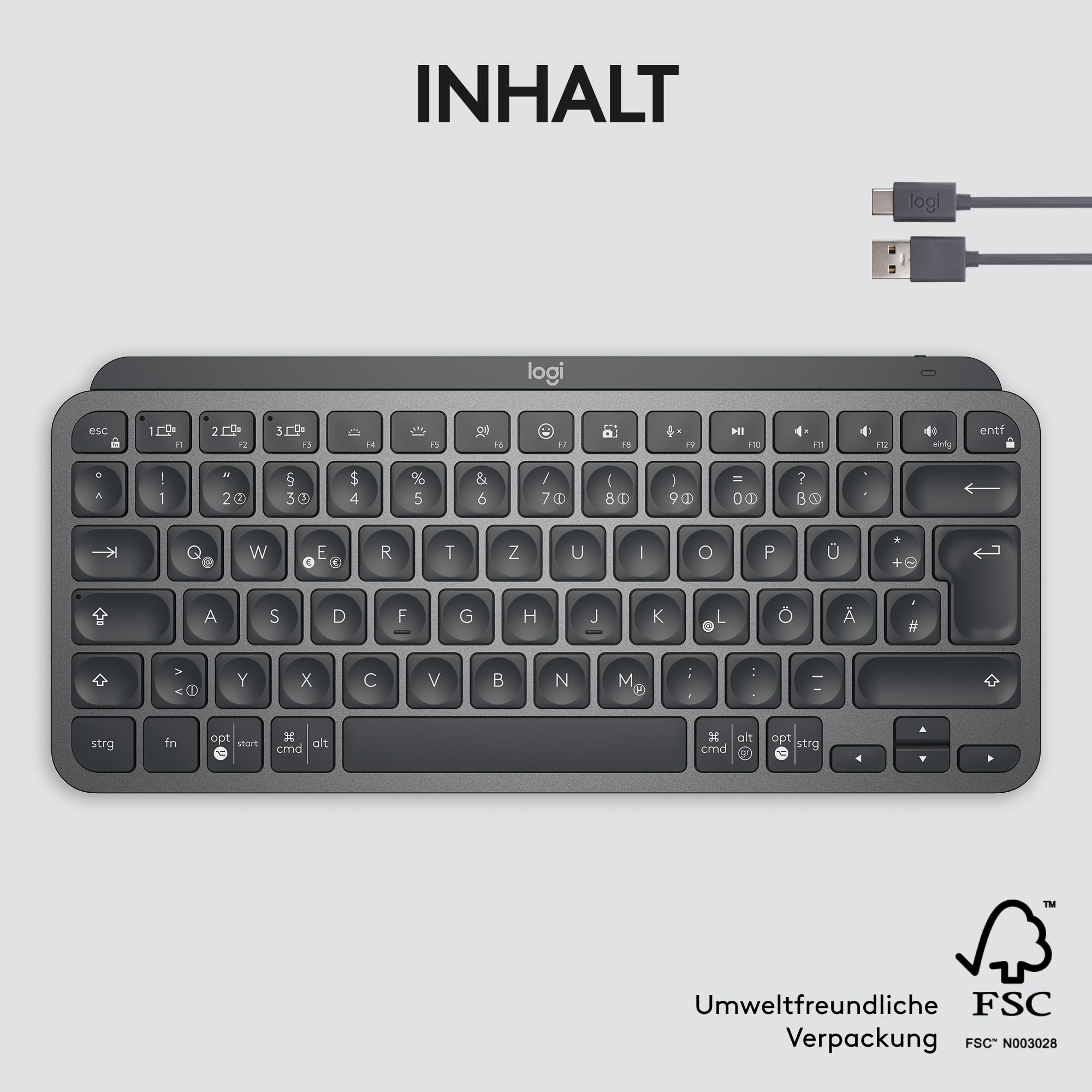 Logitech MX Keys Mini Kabellose Tastatur, Kompakt, Bluetooth, Hintergrundbeleuchtung, USB-C, Kompatibel mit Apple macOS, iOS, Windows, Linux, Android, Metallgehäuse - Dunkelgrau