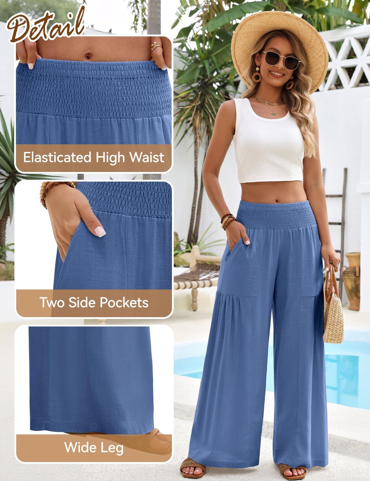 heekpek Pantalon Lino Mujer Verano Ancho Cintura Elastic Pantalones Mujer Verano Fluido Comodos Pantalones Largos con Bolsillos