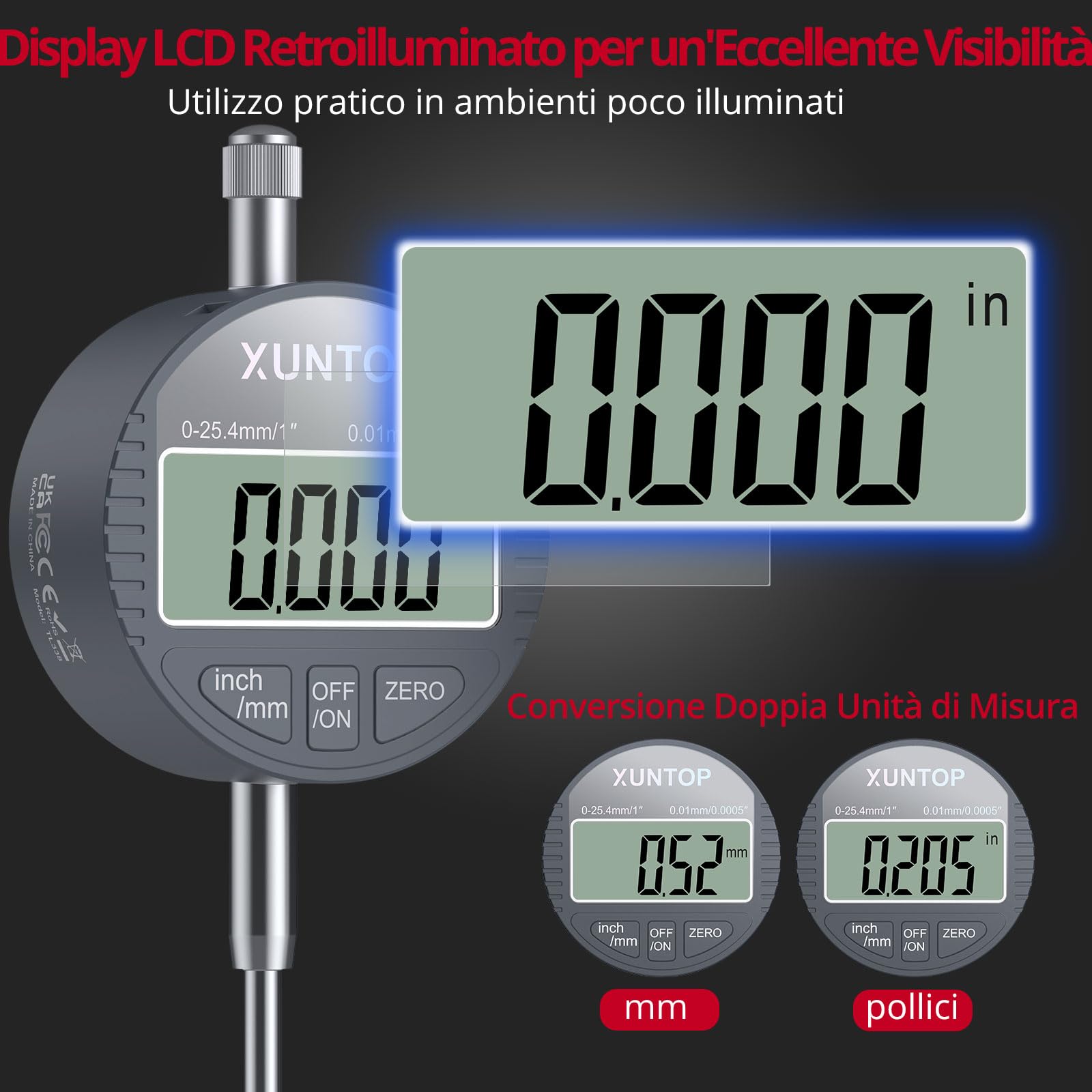 XUNTOP Comparatore Magnetico Digitale, Base Magnetica con Braccio Snake Flessibile da 340mm, Comparatore Professionale 0.01mm/0.0005" Portatile con Display LCD per Officina, Tornio, Fresatrice