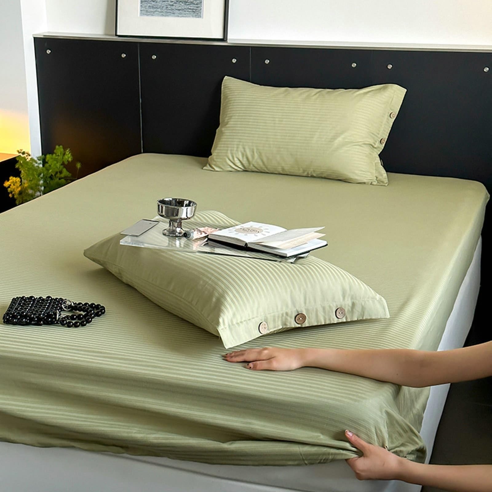 AMDXD Bettlaken 120x200cm Atmungsaktiv, Streifen Muster Spannbettlaken Topper Einfarbig Grün Matratzenschutz, Langstapelige Baumwolle Laken für Bett für Boxspringbett & Topper