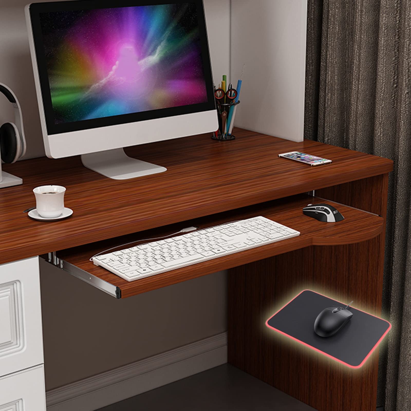 CVJdfhRE desk extender， Wooden Keyboard Tray Under Desk Sliding, with Mouses Pad, Slide-Out Drawer for Support and Mouse(Teak,70 * 26Cm/28 * 10Inch)