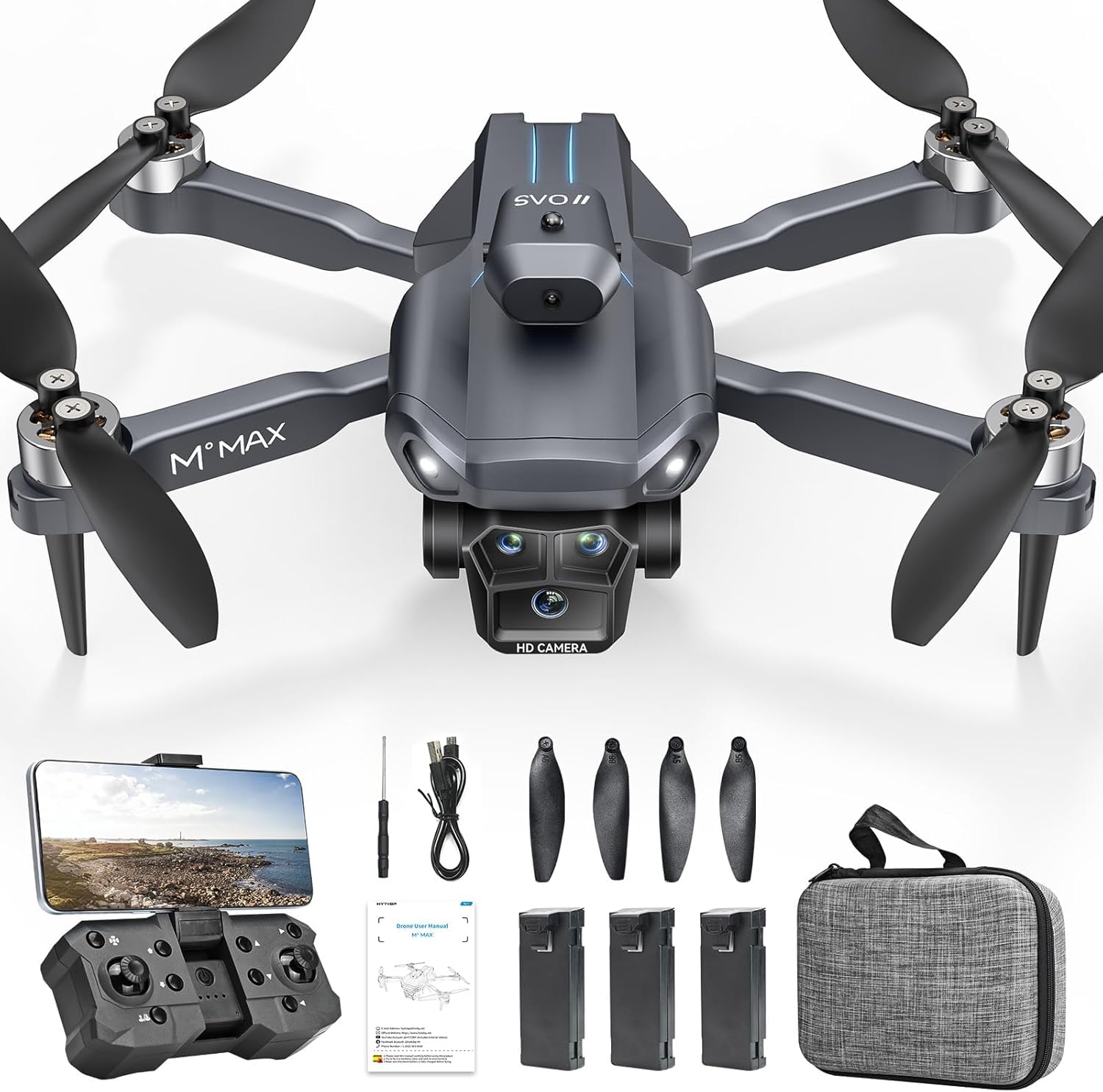 HYTOBP M°MAX Drone con Telecamera HD 1080P, Drone Professionale per Principianti, Droni con Volo Stazionario Stabile, Quadricottero RC Motore Brushless, Gesti Selfie, Volo Waypoint, 3 Batterie
