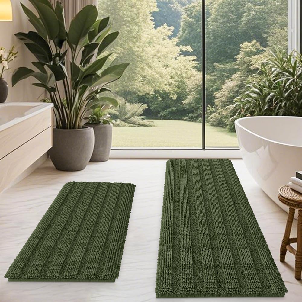 Christmas Striped Olive Green Bathroom Rug Mat Set 2 piece 32"x20"+60"x20" Ultra Soft, Non Slip Chenille Bath Rugs, Absorbent Plush Shaggy Bath Mats