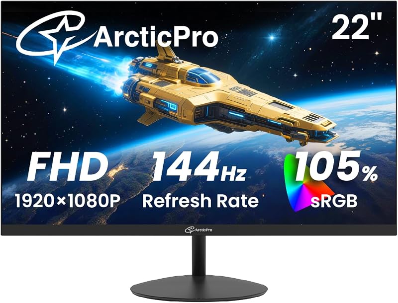 ArcticPro 22 Inch Gaming Monitor 144Hz, FHD Computer Monitor, 105% sRGB | 1080p, 4000:1 Contrast, 3-Sided Frameless, Ultra Slim, VESA Mount, Eye Care, HDMI 1.4, VGA