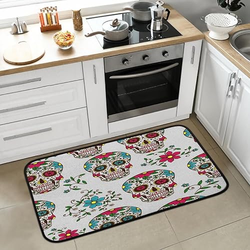 Tapetes de cocina acolchados con diseño de calavera colorida del Día de los Muertos, antideslizantes, lavables, para el hogar, oficina, fregadero y
