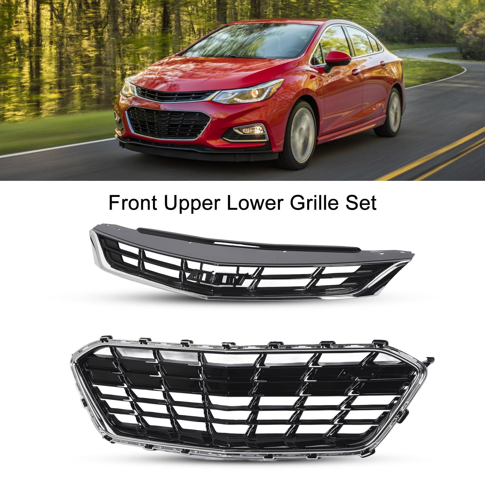 ANTUKO Front Upper And Lower Grille Grill Set For 2016-2018 Chevrolet Cruze Sedan - 2Pcs