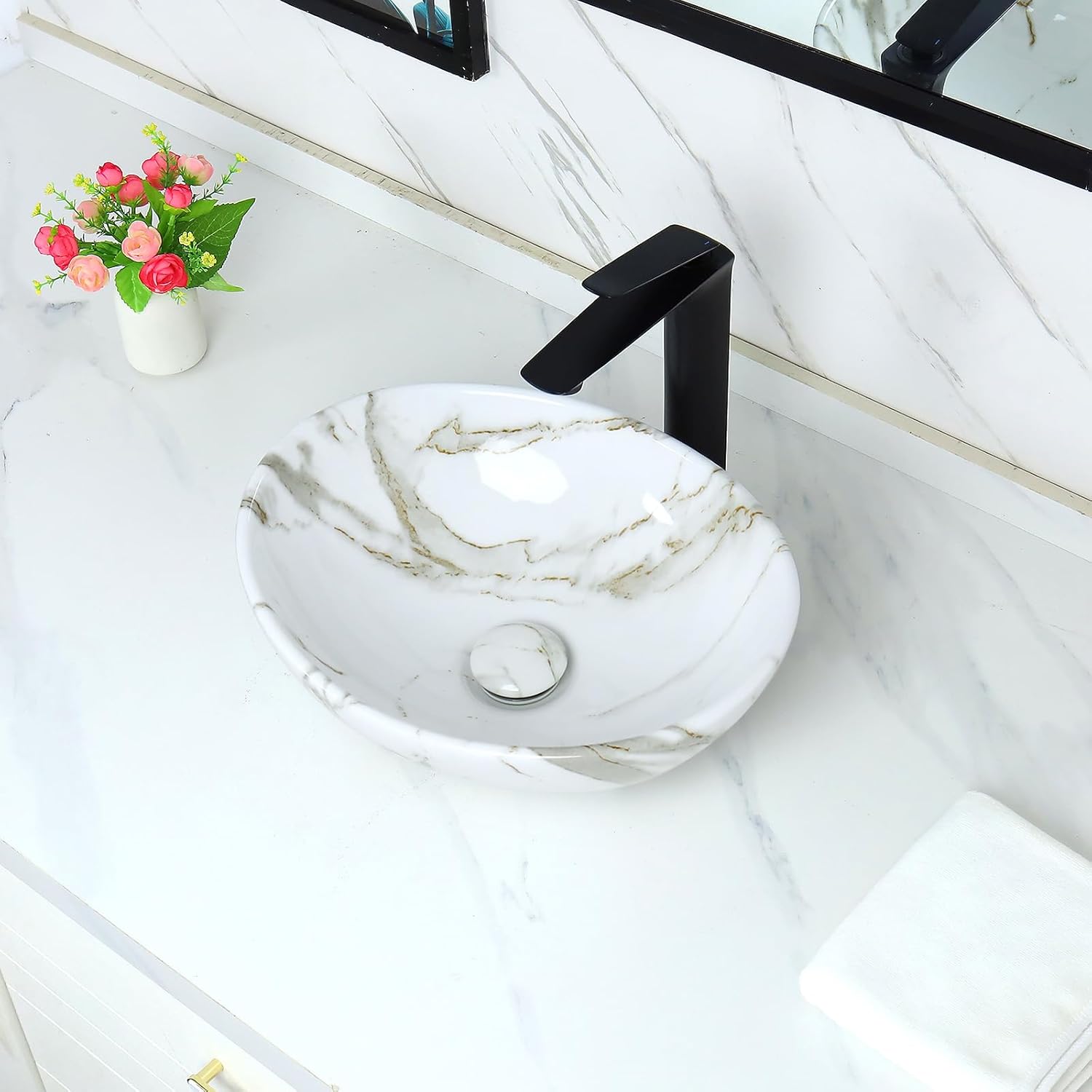 Davivy 16.3"x13.4" White Marbling Bathroom Vessel Sink with Pop Up Drain,Oval Vessel Sinks Above Counter,Ceramic Egg Shape White Vessel Sink for Bathrooms