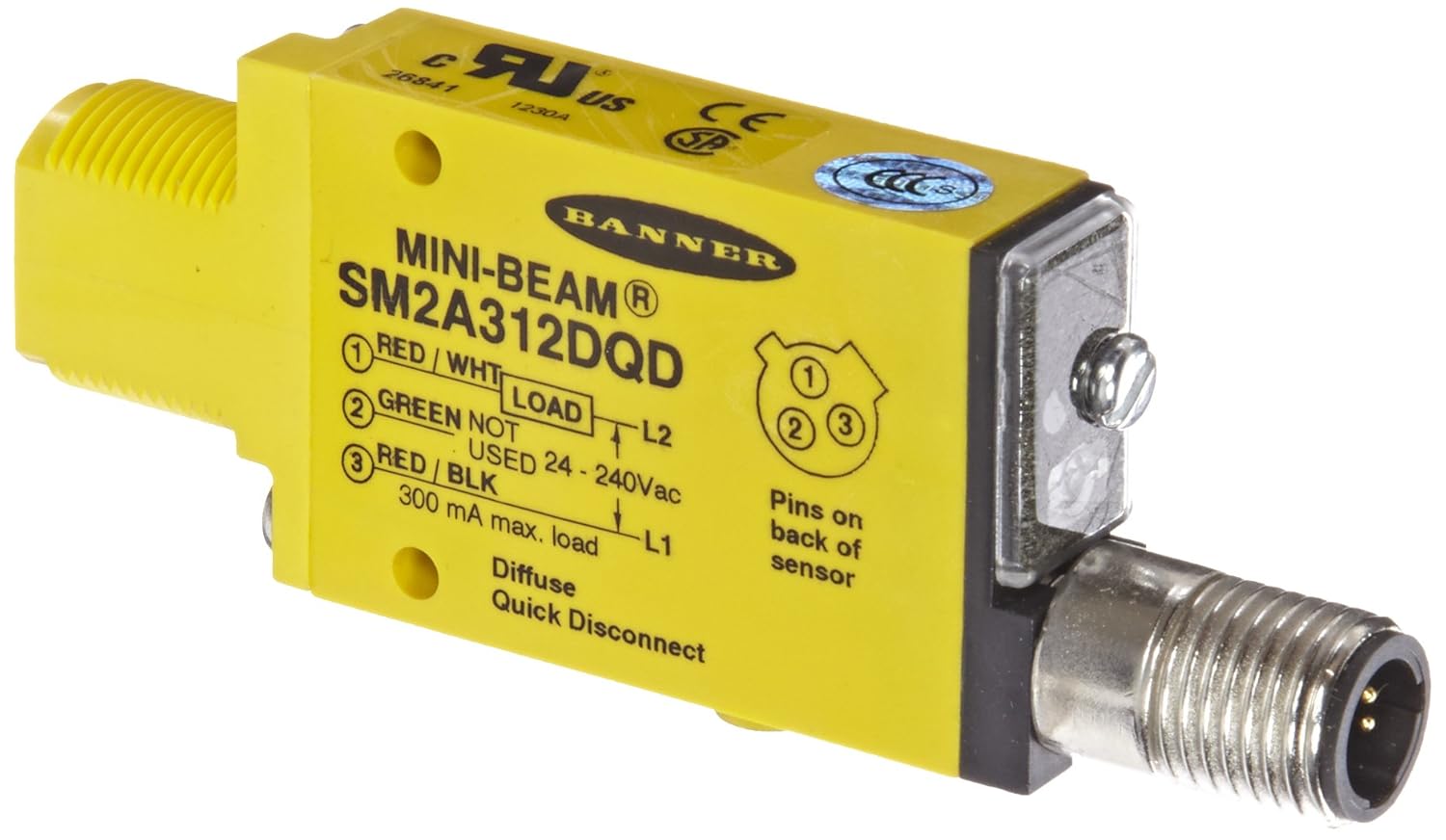 Banner SM2A312DQD Mini Beam AC Photoelectric Sensor, Infrared LED, Diffuse Mode, 380mm Range