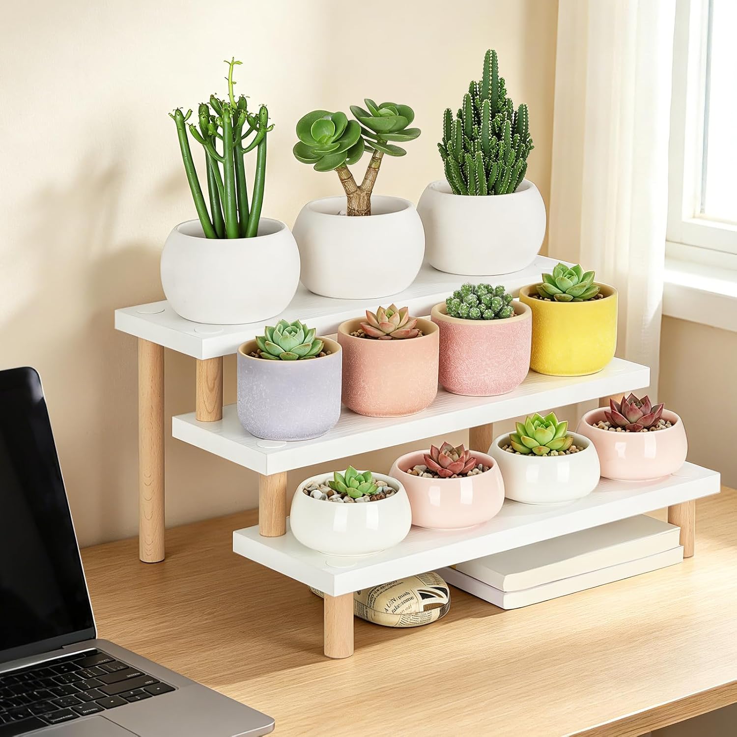 Windowsill Plant Shelf 3 Tiers White Desktop Plant Stand Tabletop