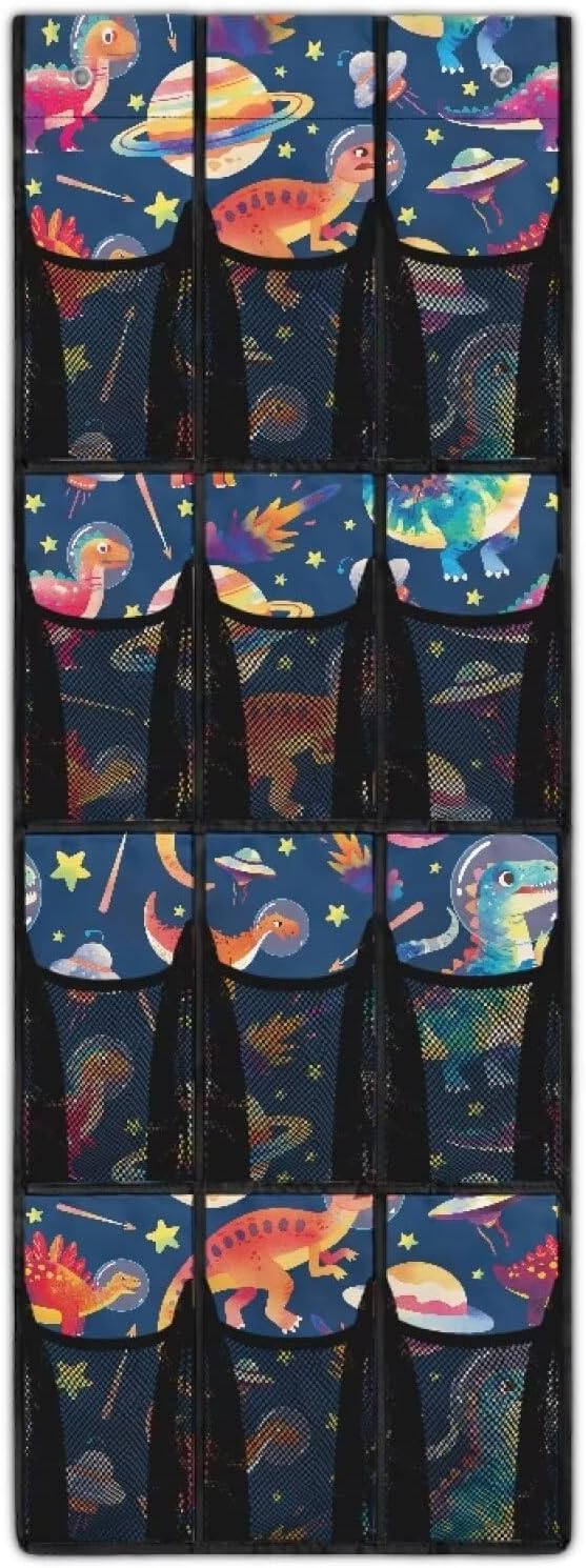 Dinosaurs Over the Door Shoe Organizer Space Saving Hanging Shoe Rack Holder with 12 Pockets Large Capacity Behind the Door Storage for Classrooms, Bedrooms, Dormitories