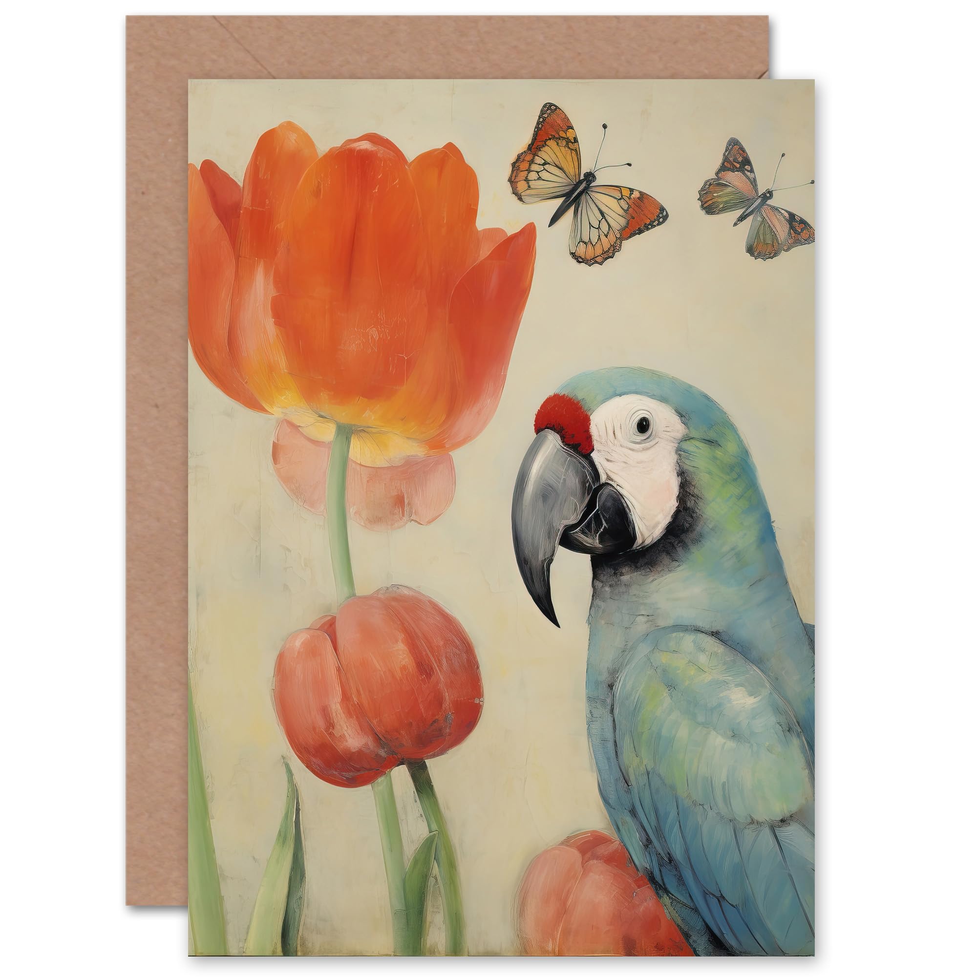 Artery8 Parrot and Tulips Flowers Butterflies Pastel for Wife Her Mum Sister Daughter Mom Gran Nan Birthday Thank You Congratulations Blank Art Greeting Card