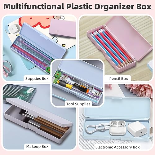 Miniatura 7 de Caja de lápices, paquete de 4 estuches rígidos con tapa hermética, caja apilable de plástico para marcadores, organizador de almacenamiento de