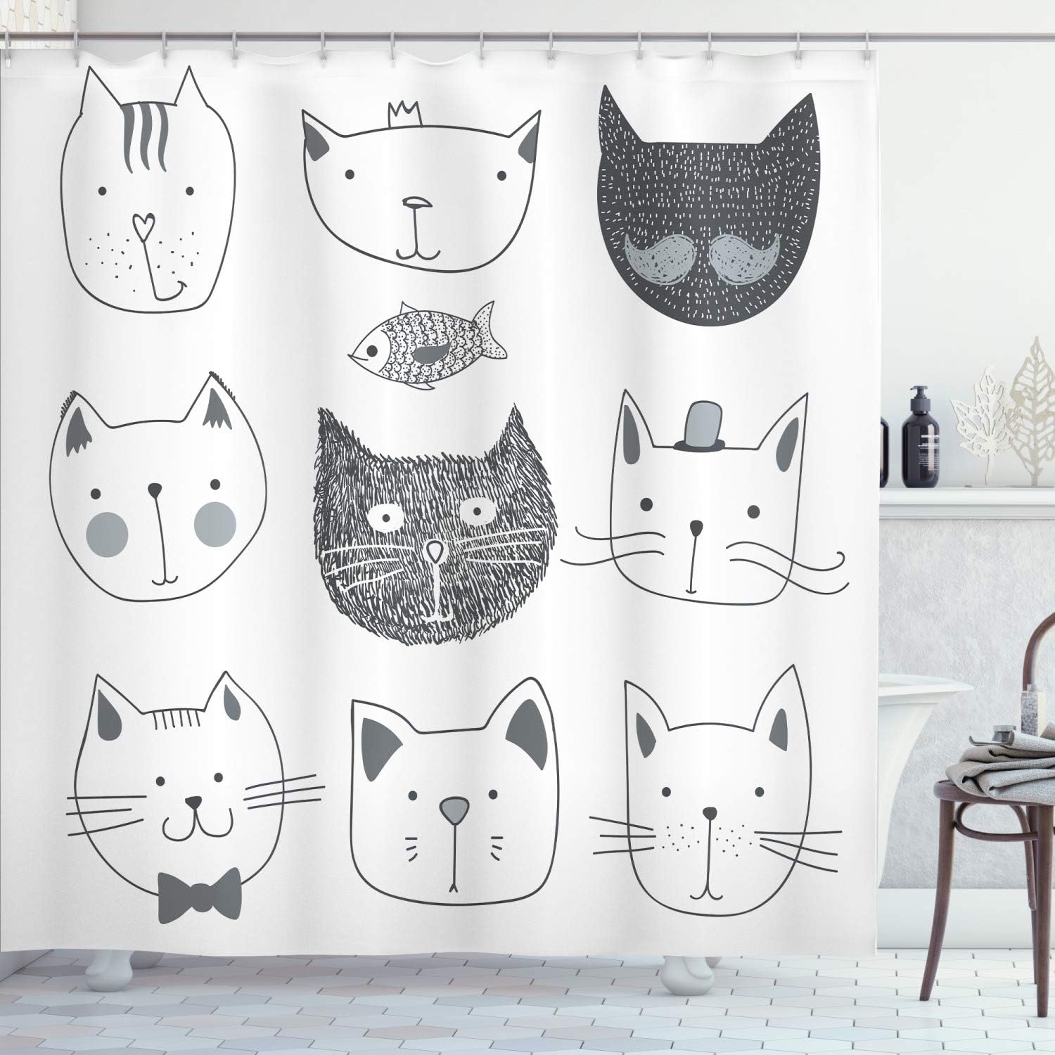 Ambesonne Cat Shower Curtain, Pets Moustache Bow Tie Hat Crown Fluffy and Fish Humor Faces Graphic, Cloth Fabric Bathroom Decor Set with Hooks, 69" W x 84" L, Taupe Grey