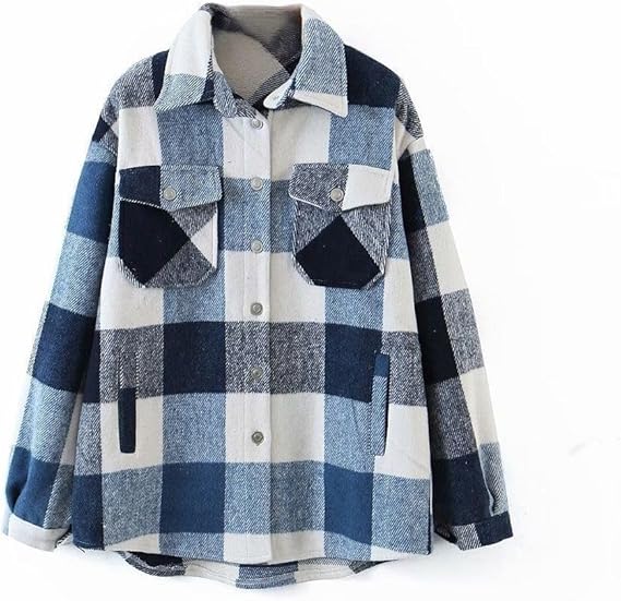 Womens Casual Flannel Wool Blend Plaid Lapel Button Down Long Sleeve Shacket Jacket Coat Winter Loose Shirts