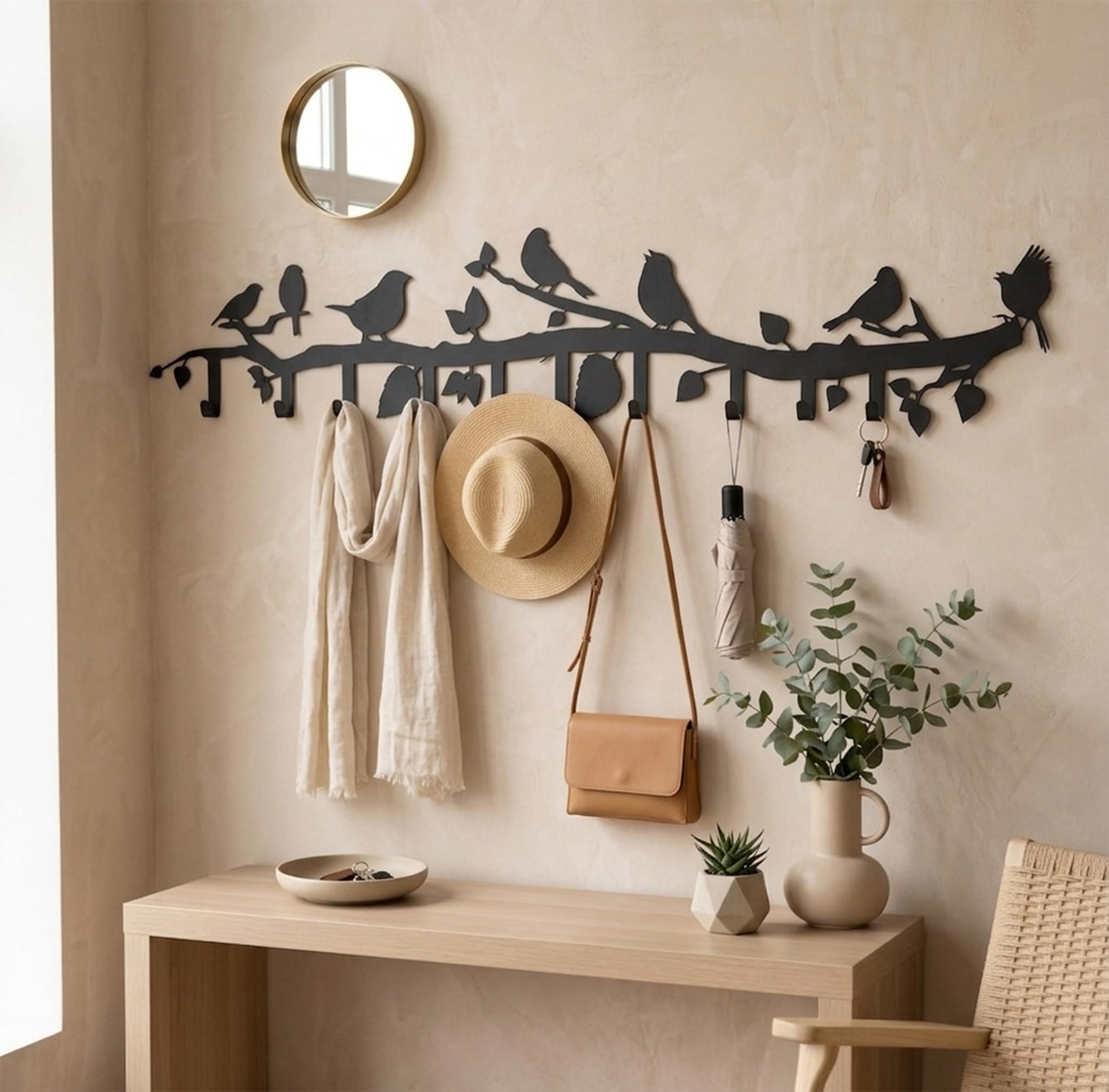 Dekadron Porte-manteau mural en métal sur le thème des oiseaux avec crochets pliants de 6 à 8 à 10 cm, support mural pour salle de bain, entrée, salon, chambre à coucher, crochets en métal, (100 x 21