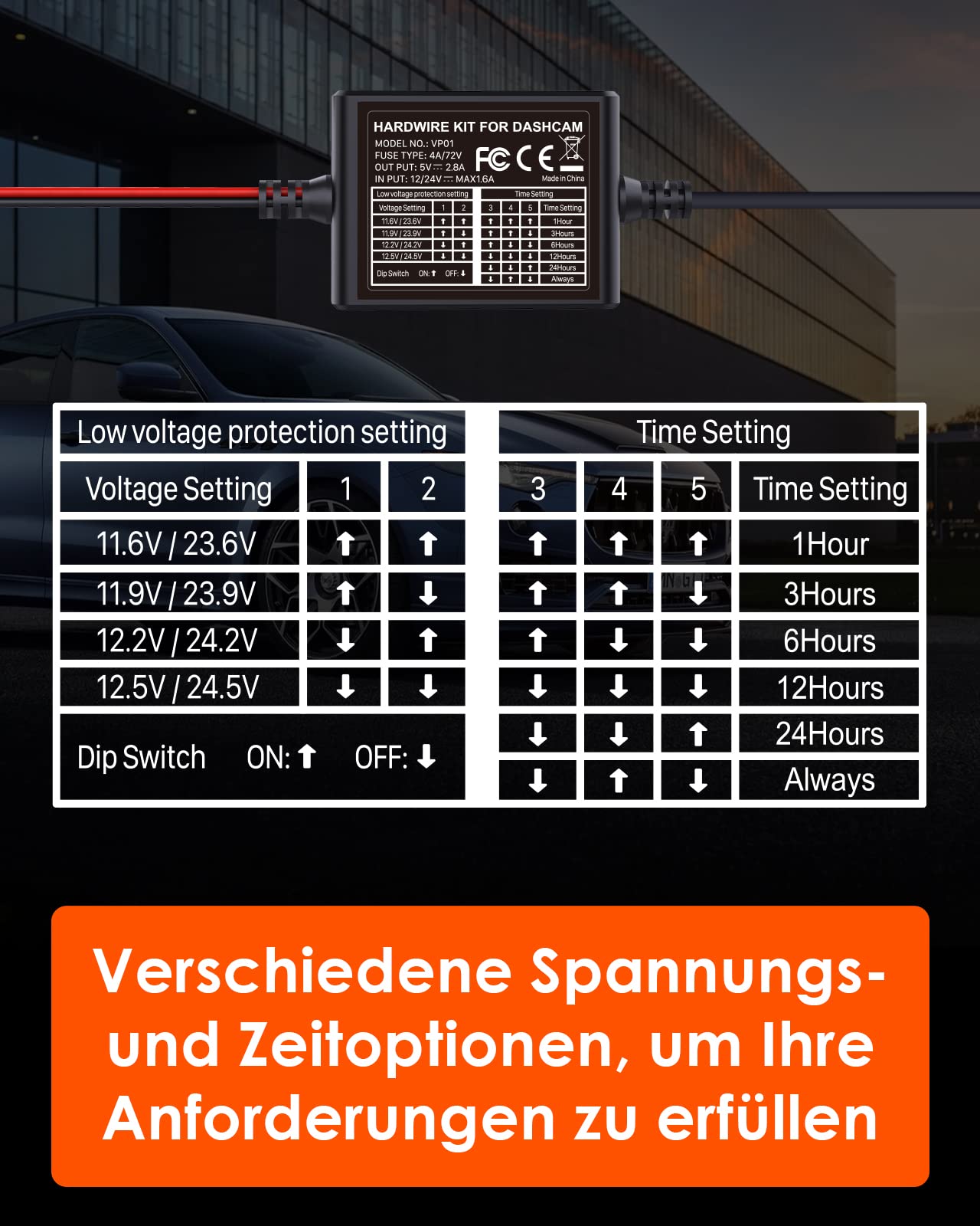 VANTRUE Kit de cableado USB-C de 5 Niveles y 11,5 pies con Acceso para Todas Las cámaras CDashcam USB, 6 configuraciones de Tiempo de grabación, 12 V-24 V a 5 V, 24 Horas. Modo de estacionamiento