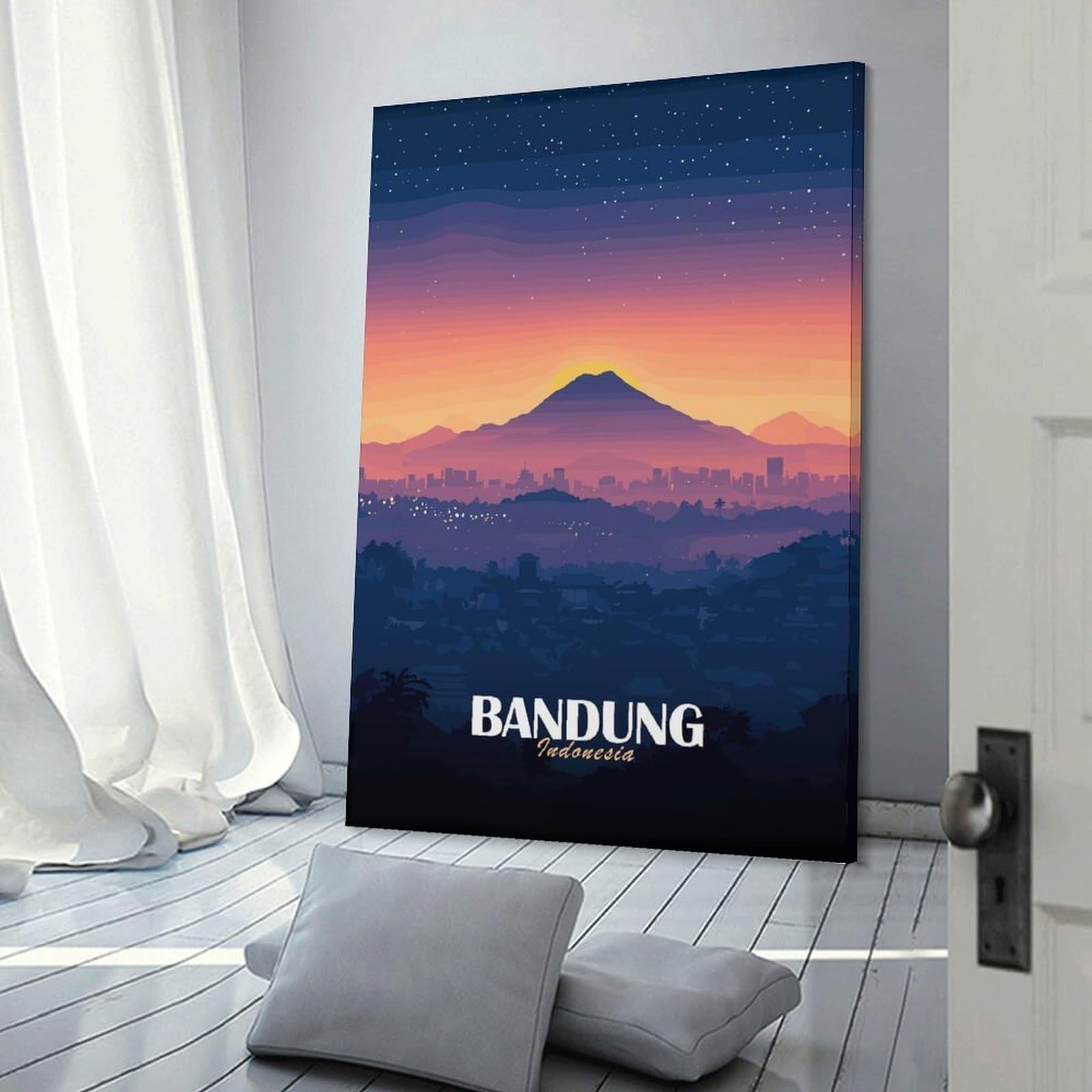 Junmoney Bandung, Indonesia Landscape Illustration Decorative Canvas Print 20x30inch(50x75cm), for Flats, Guest Rooms Or Compact Rooms, Home Artwork for Modern Interiors