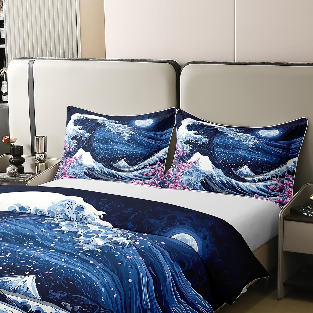 Manfei japanischer Stil Bettwäsche Set Meer Welle Ukiyoe Bettdecke Kirschblüte Ozean Decke Abdeckung Navy Weiß S Größe 100% Baumwolle, 1 Kissenbezug