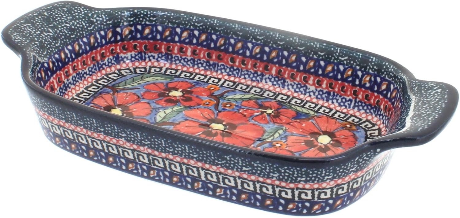 Blue Rose Polish Pottery - Blue Peacock Rectangular Serving Dish - 10" x 5.25" - Beautiful Dish for Bread, Salad, or Pasta