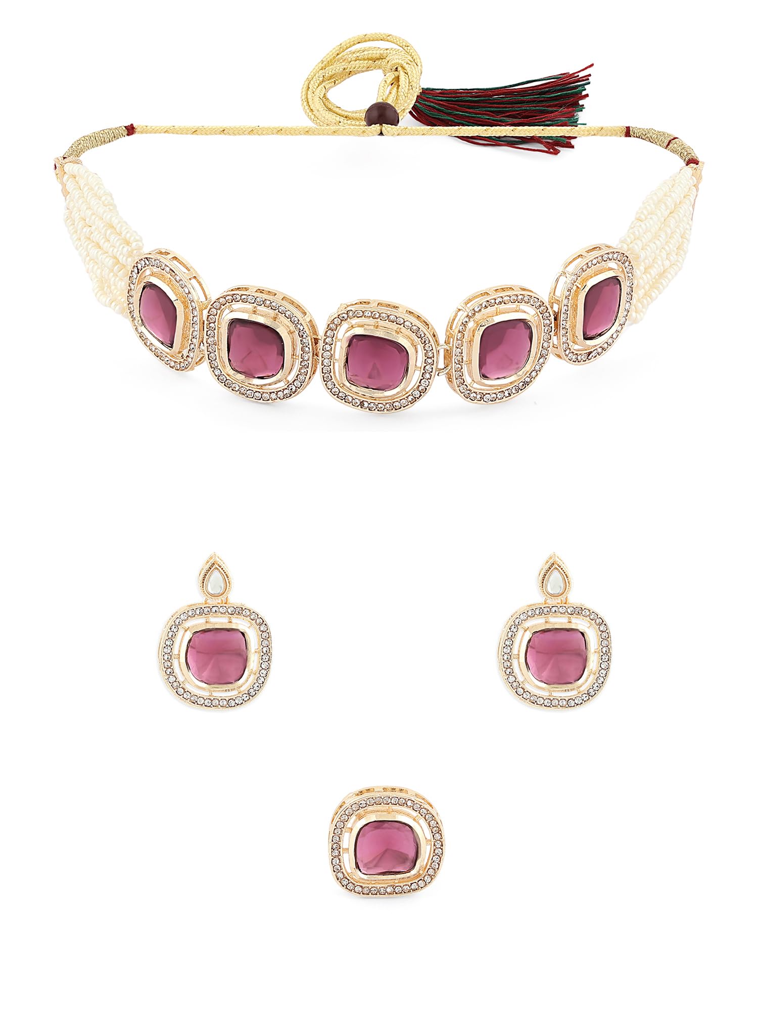 ZAVERI PEARLS Purple Multistrand Beaded Ethnic Choker Necklace Earring & Ring Set For Women-ZPFK16496 (B0CFR6R22F) Amazon Price History, Amazon Price Tracker