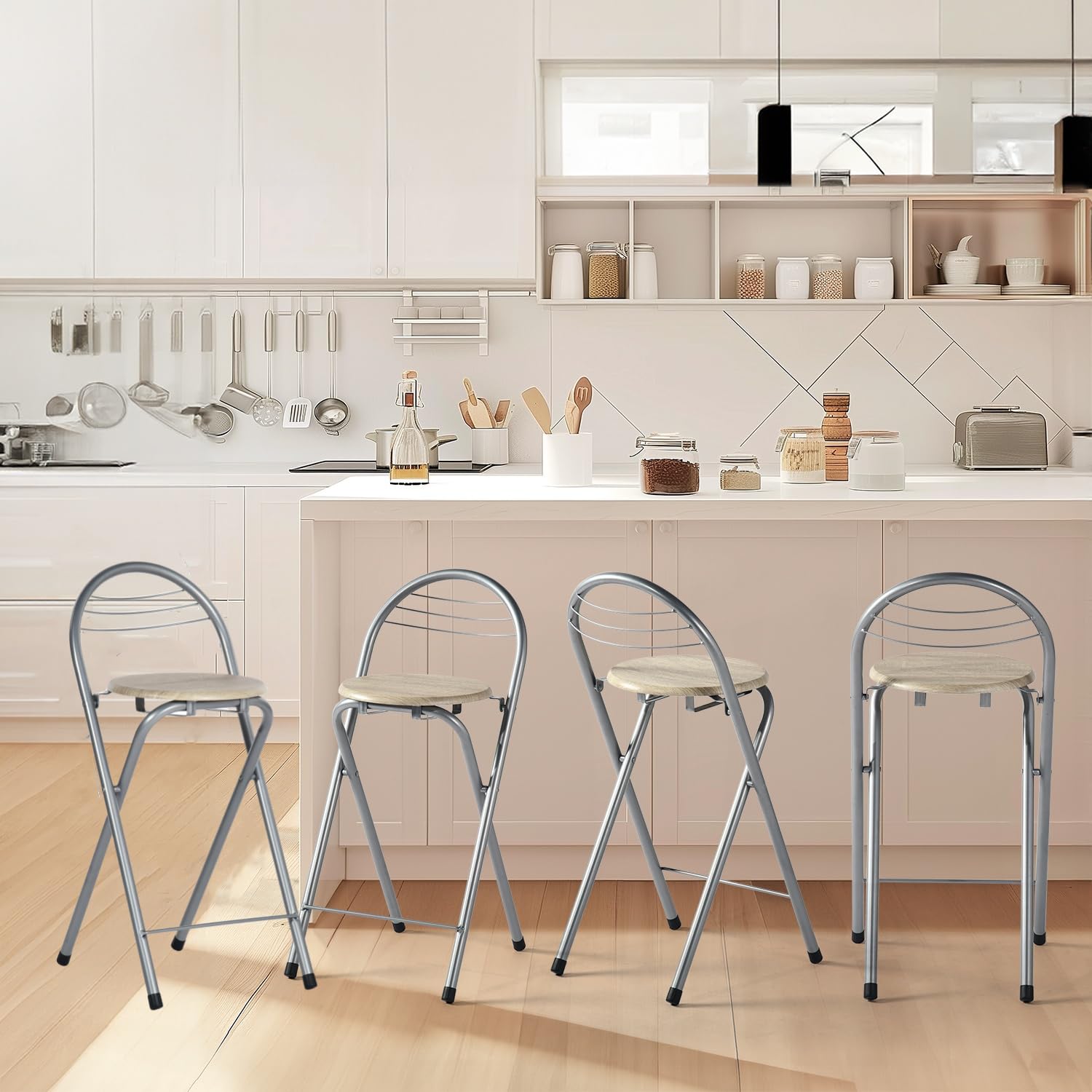 Taburete plegable, taburete de bar plegable con respaldo, taburete de metal con asiento redondo de PVC, silla de bar, silla de bar, taburete de restaurante, cocina, salón, cocina, ahorro de