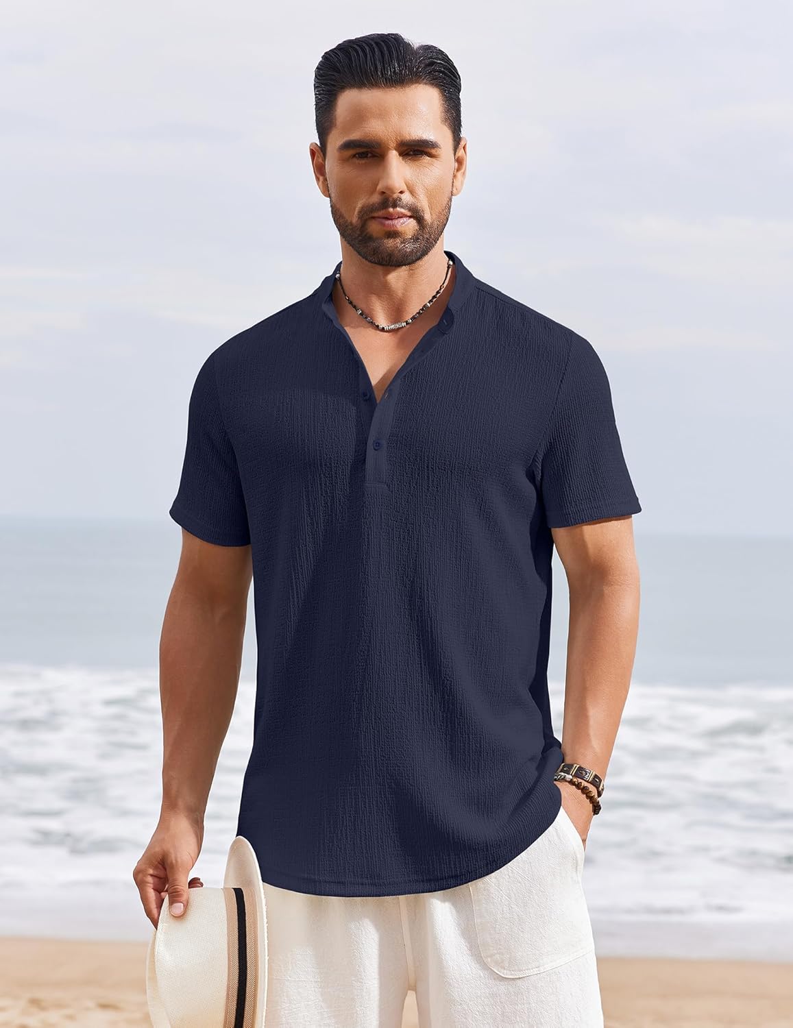 COOFANDY Men's Henley Shirt Short Sleeve Stand Collar Summer Casual Beach Hippie T-Shirts - Image 7