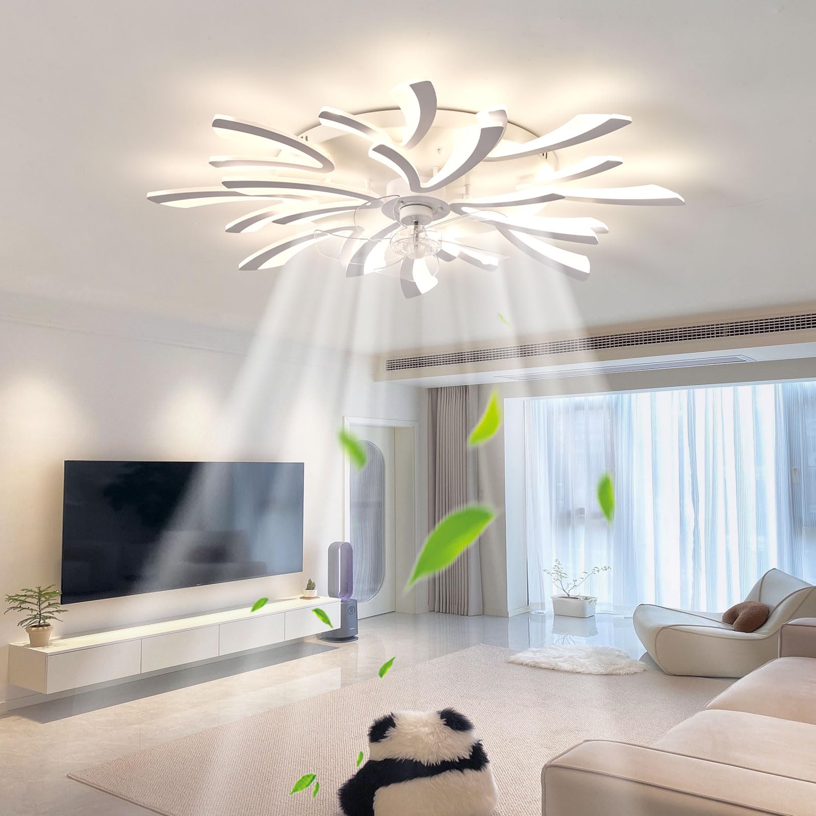 HXYSXHJUO Living Room Ceiling Fan with Light, Recessed Three Colour Temperatures, Dimmable, Reversible DC Motor, Remote Control, Fandeliers Lights and