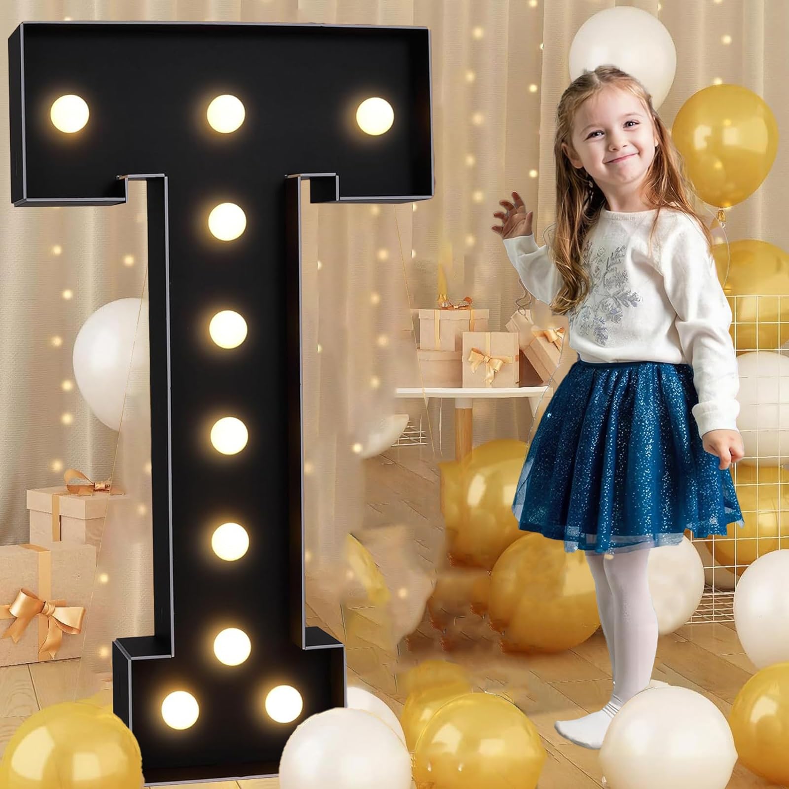 Tashace Marquee Numbers Light Up Letters Black Party Decoration for 1st 16th 18th 21st Birthday Anniversary Backdrop Cardboard Sign Mosaic Balloon Frame(Letter T,100cm/3FT)