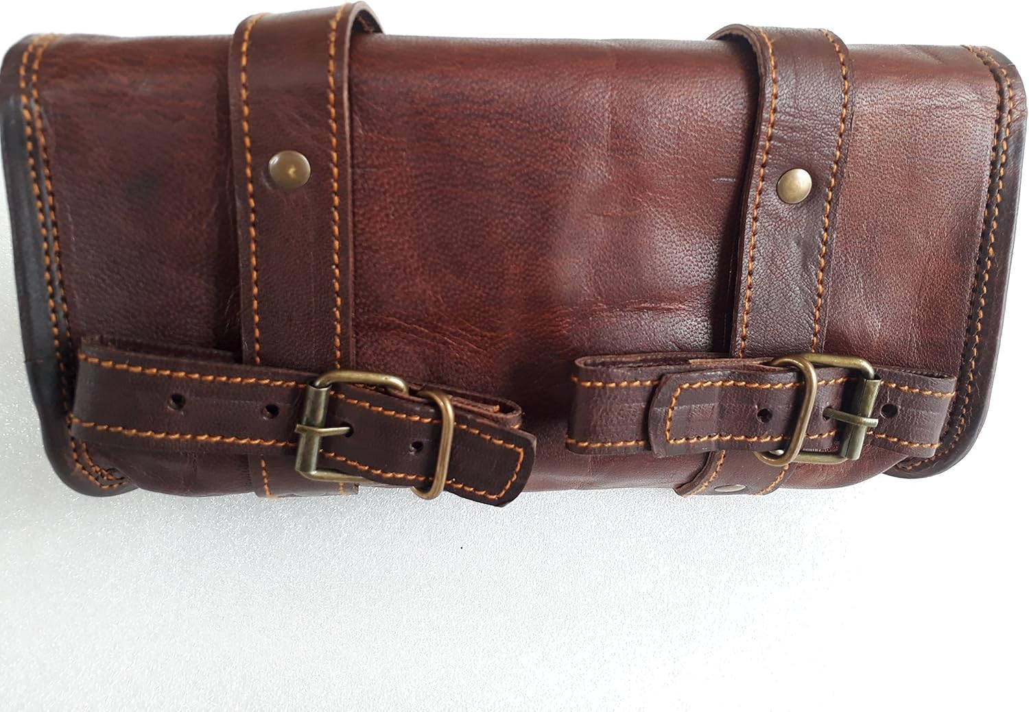 american blue Borsa vintage per moto in vera pelle di capra con fibbia a 2 cinghie, borsa porta attrezzi marrone, chiusura rapida, rinforzata, per manubrio, forchette, borsa in pelle (modello 10)