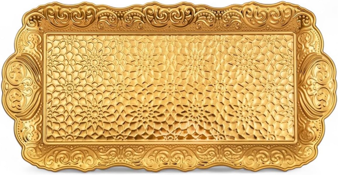 Alisveristime Small Ornate Metal Serving Tray – Ottoman Motif Decorative Tray (14.2" x 7.1", 10.8 oz) (Gold)
