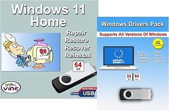 9th & Vine متوافق مع Windows 11 Home 32/64 بت USB مع المفتاح. تثبيت وترقية واستعادة وإصلاح واستعادة برامج تشغيل Windows Plus USB. 2 حزمة