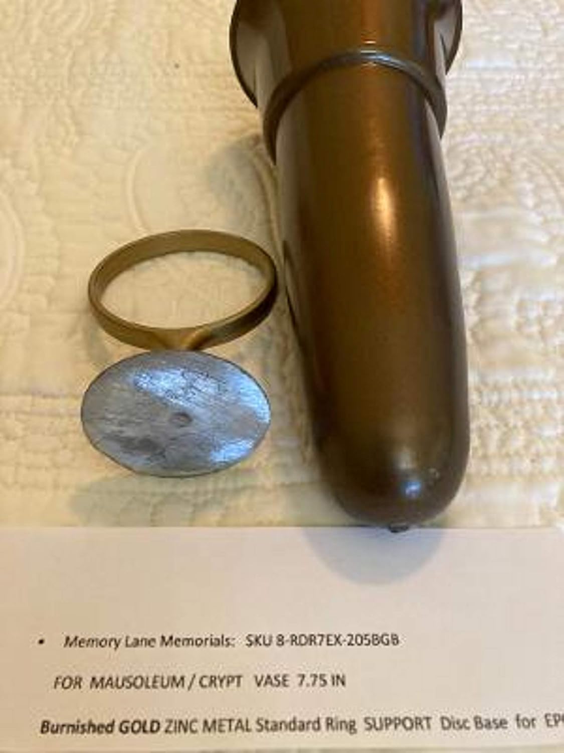 Mausoleum Crypt Brown Vase 8 inch Burnish Gold Ring Disc Base (epoxy) Support (7.75 in)