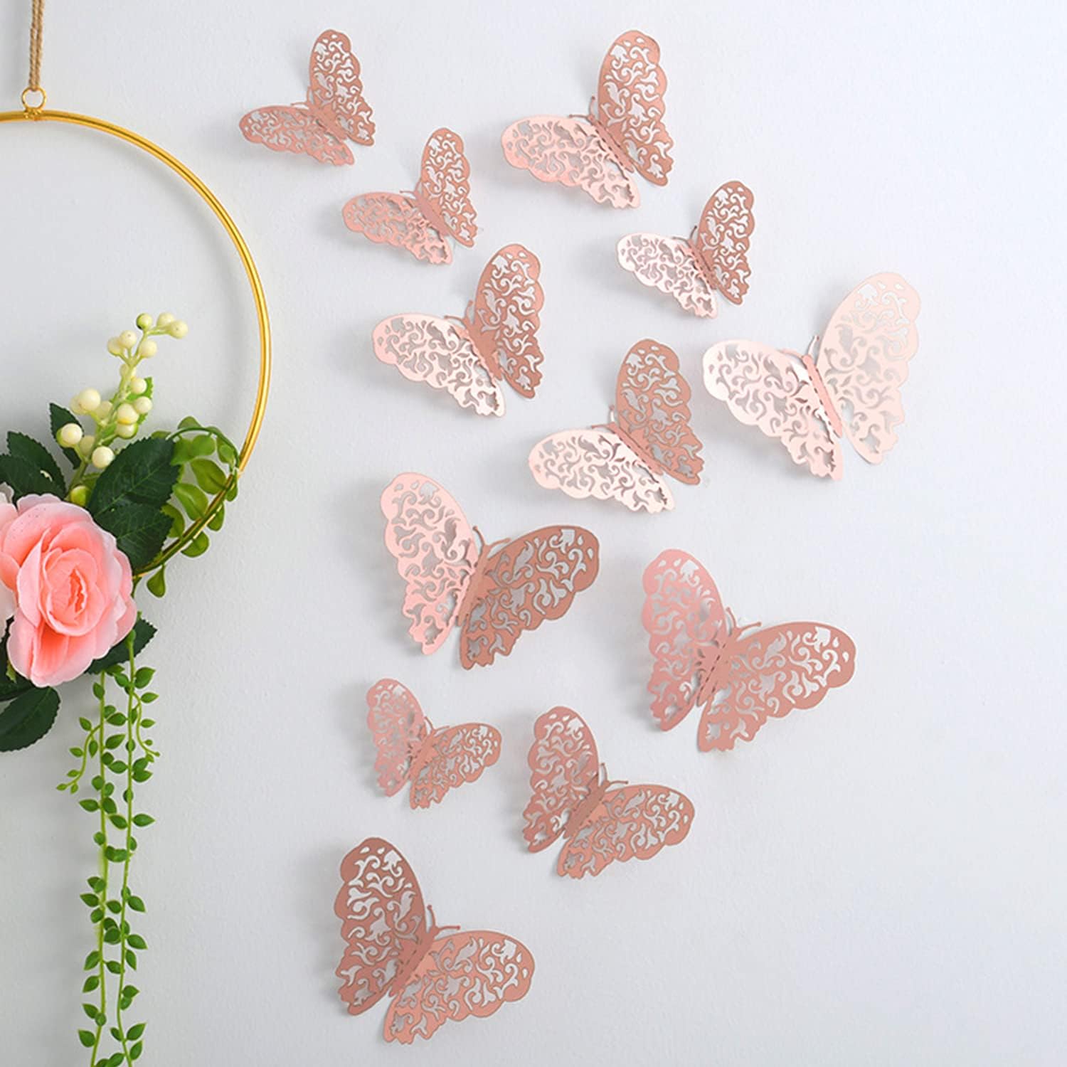 AMFIN (Pack of 12) 3D Metallic Butterfly Wall Stickers, Art Decor. Removable DIY Paper Butterflies for Living Room, Bedroom, Nursery, Party Decorations, Birthday - Rosegold