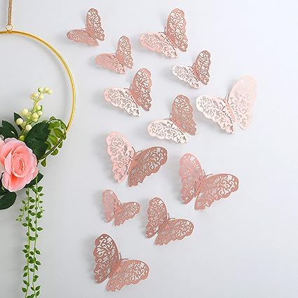 AMFIN (Pack of 12) Butterfly Decoration/Butterfly Decoration Items for Wall/Butterfly Stickers/Butterfly Decoration Birthday - Rosegold